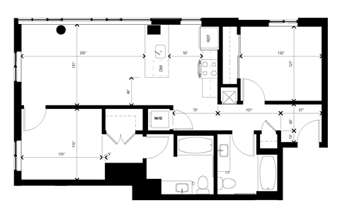 Floor plan for 2 beds, 2 baths, 1000 sqft